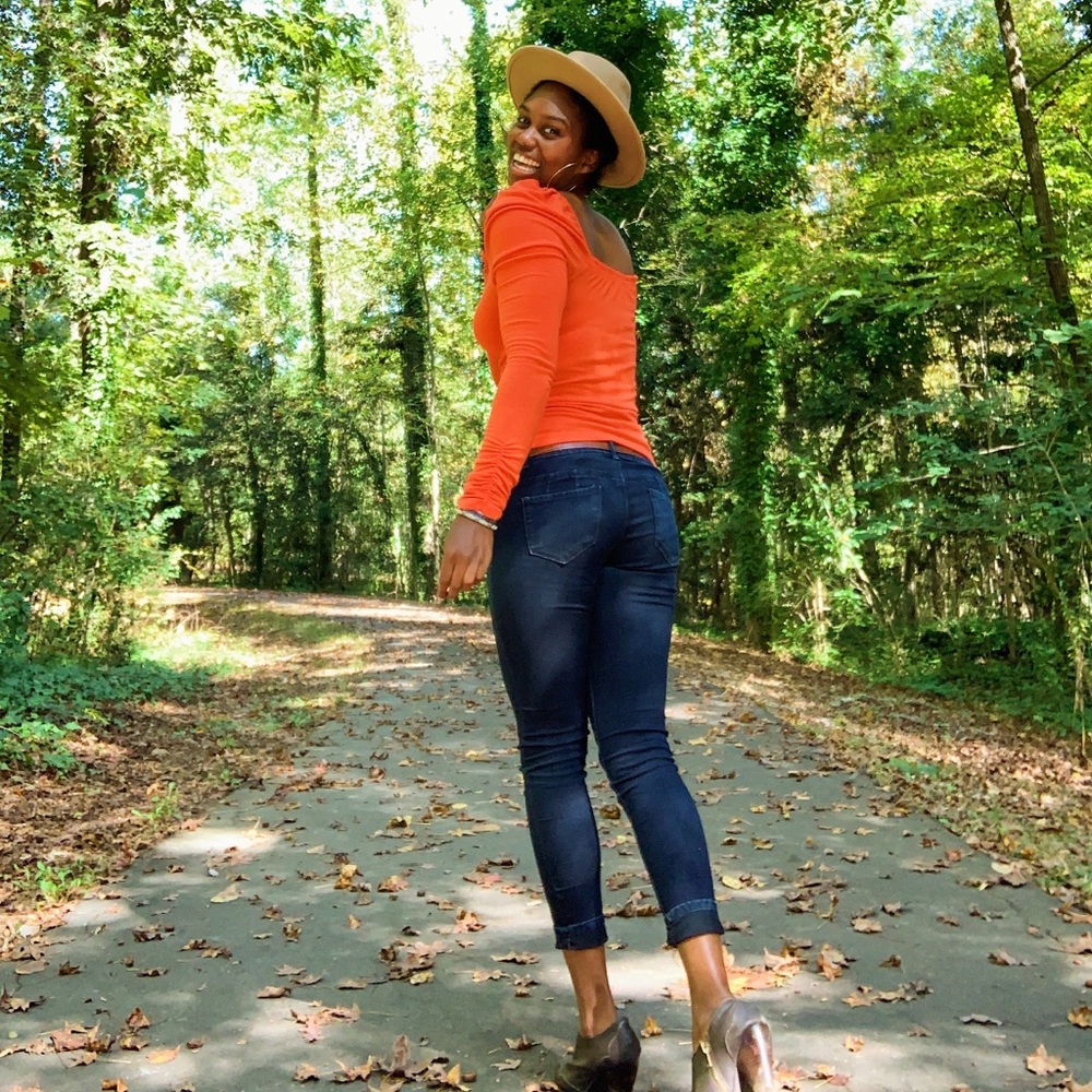 ❌SOLD❌Something Navy Orange Puff Shoulder Top Sz S - Picture 1 of 8